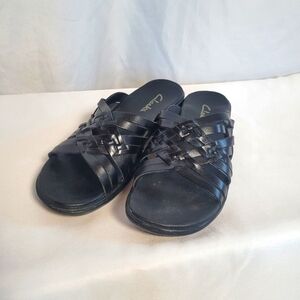 Clarks Black Leather Slip On Sandals Size 8M